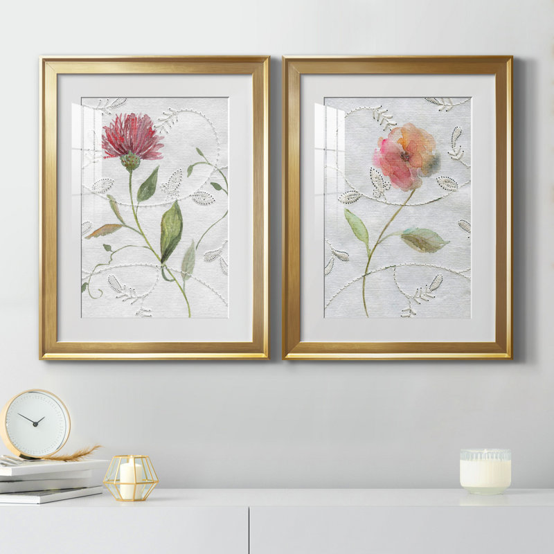 Botanical Emb broderie I - ensemble de 2 reproductions d'art, H 22,5 po x l 61 po x P 1,5 po, Papier encadré doré, Blanc