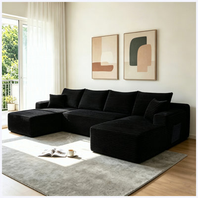 Canapé modulaire avec méridienne - canapé nuage de 126 po avec poches en forme de U et latérales et porte-gobelet, conception modulaire moderne, assise profonde, canapé rembourré pour le salon / la chambre à coucher, aucun assemblage requis (moelleux) noir