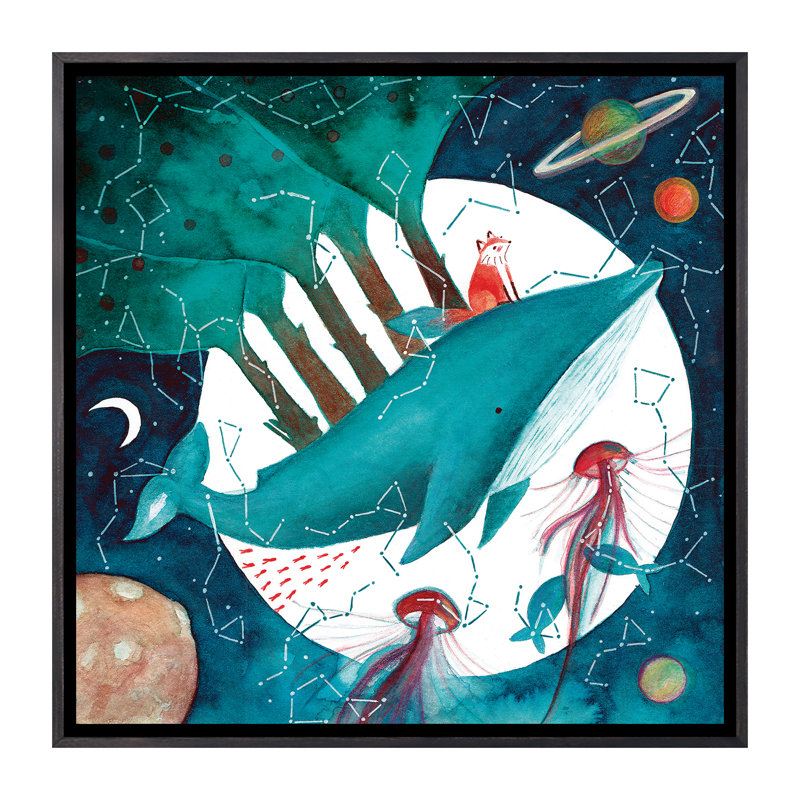Renard et baleine IV - impression, Pas de tapis, Toile avec cadre noir patiné, H 37 po x l 37 po x P 1,5 po