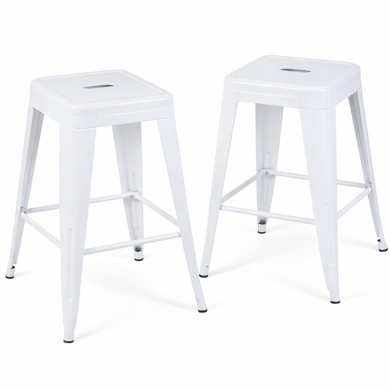 Tabourets de bar en métal sans dossier, hauteur du comptoir (lot de 2), non empilables, détachables, montage facile et rapide, design compact idéal pour îlot de cuisine, bar ou salle à manger - Blanc pur.