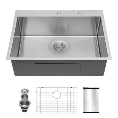 Évier de cuisine encastré à simple cuve en acier inoxydable 28 po x l 22 po avec deux trous de robinet