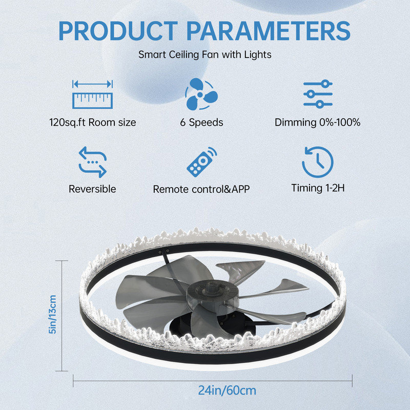 24'' Modern LED Ceiling Fan with Light, Dimmable, Crystal Design, Invisible Blades, Remote & APP Control, Adjustable Colour Temp, Quiet Fan for Bedroom Living Room