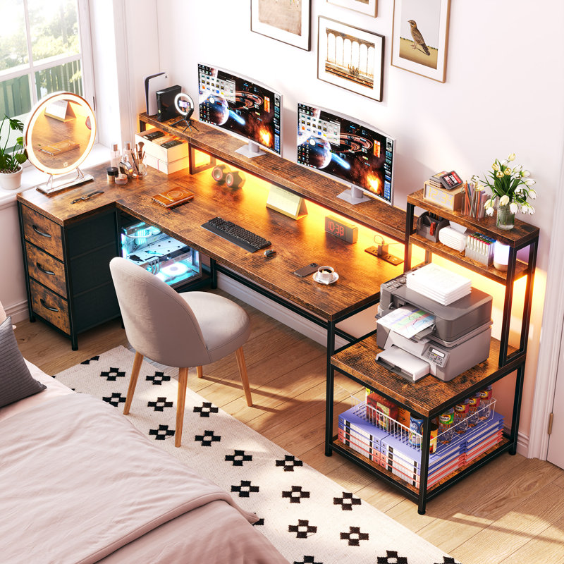 71"w Led L-shaped Computer Desk,gaming Desk With Power Outlet,home Office Desk With Monitor Stand, Brown