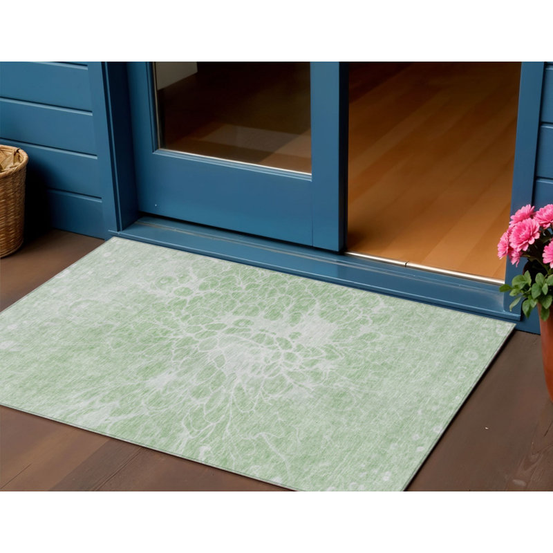 3' X 5' Mint Green And Ivory Abstract Washable Indoor Outdoor Area Rug