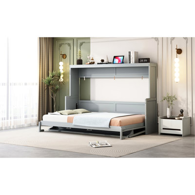 Queen Size Gray Bed With Hydraulic Desk Folding And Storage, Space - Saving For Compact Spaces, Frame, Mattress Storage Solution, 10 Inch Use Lift & Design, Apartments, Built In Comfortable Sleep