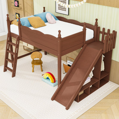 Lit mezzanine en bois avec garde-robe, étagère et glissoire intégrés