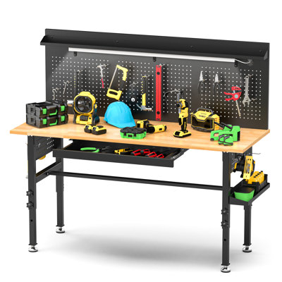 60 Workbench With Solid Wood Surface, 2000 Lbs Capacity, Adjustable Height, Integrated Power Outlet, Led , And Side Storage Box For Tool Organization Tools