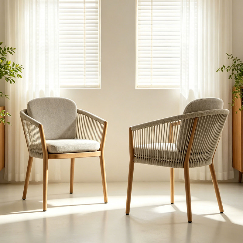 Turin Set of 2 Outdoor Dining Chairs with Hand-Woven Rope Back, Sunbrella Cushions, Rust-Proof Wood-Grain Aluminum Frame Armchairs