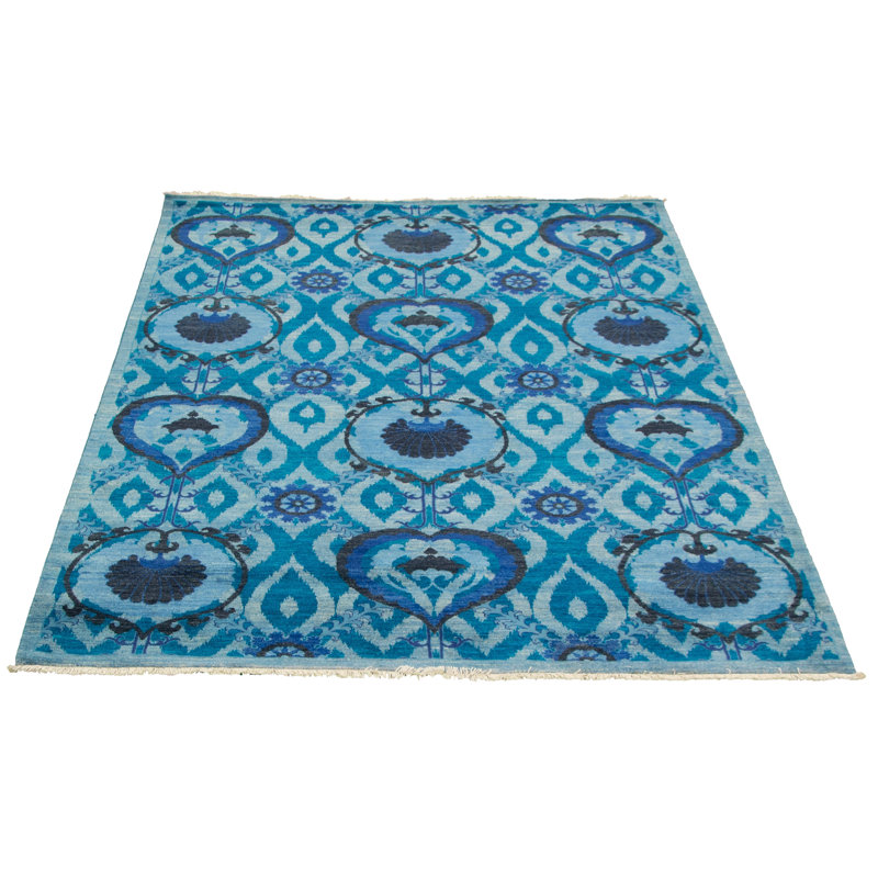 Tapis unique en laine noué à la main bleu pâle des années 2010 de 6 pi 3 po x 8 pi 10 po Nansi