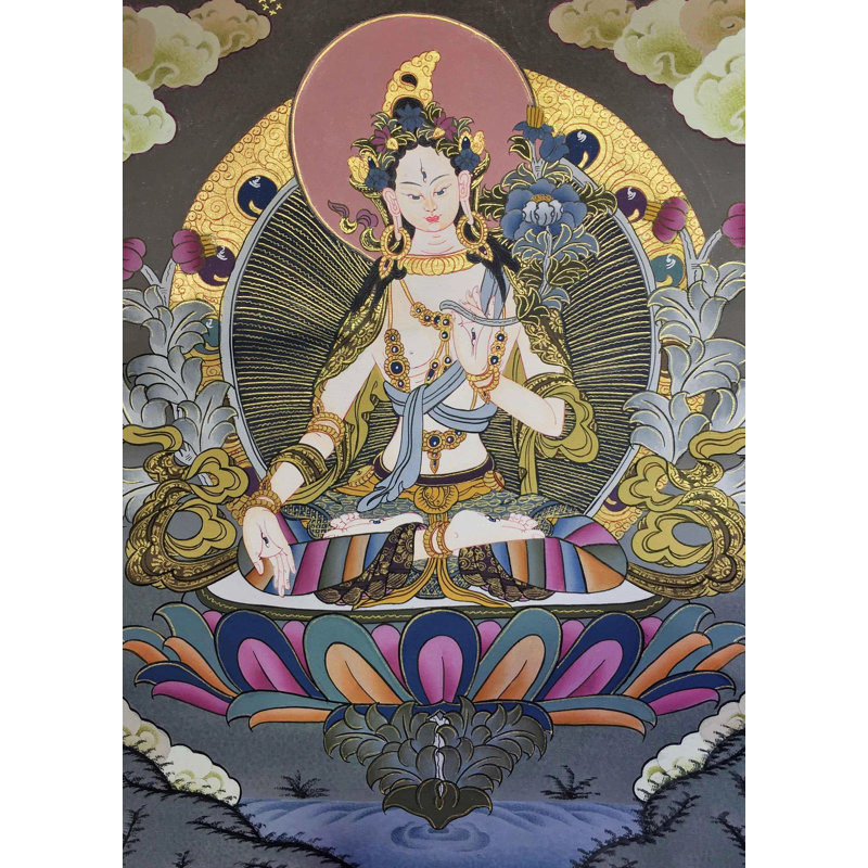 Blanc Tara Thangka (sans brocart) | Or 24 carats avec couleur acrylique sur toile de coton