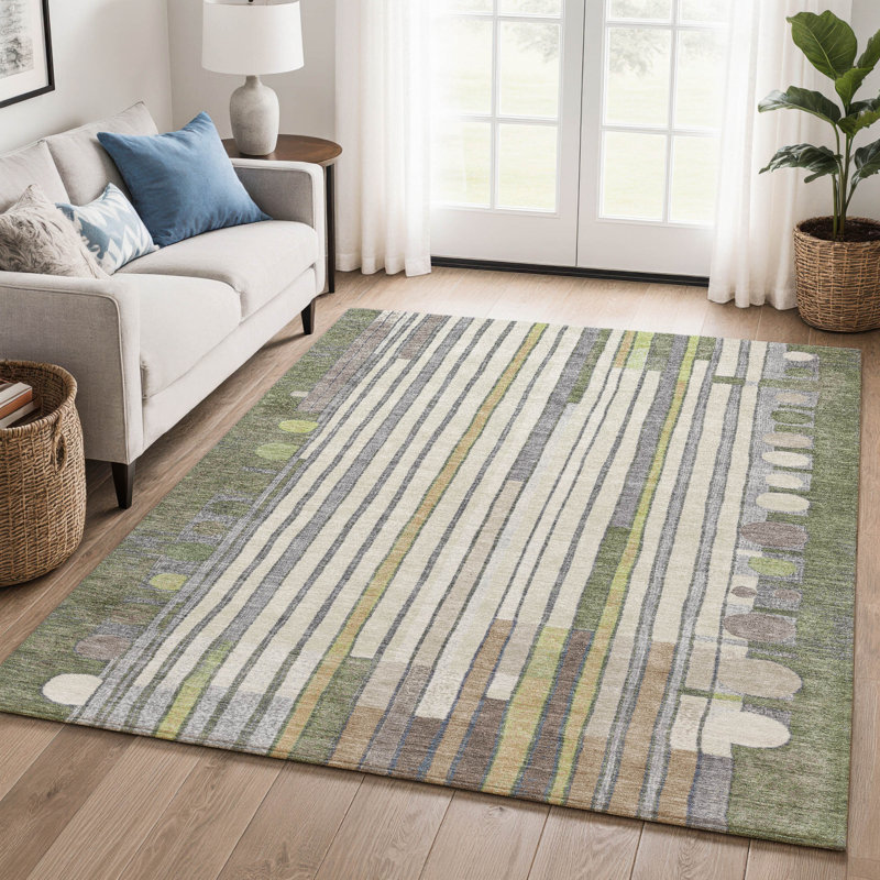 Premium Machine Washable Mayfield AMF2189 geometric Rug, Olive, 5' x 7'6"