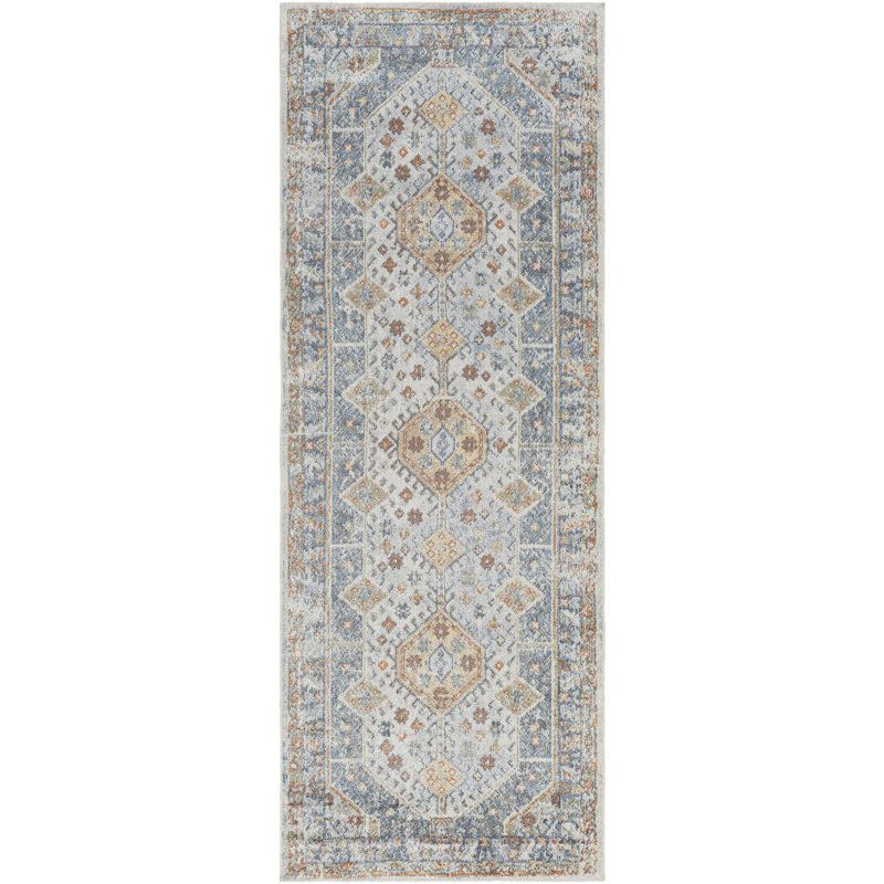 Tapis oriental bleu / ivoire Washburn, Tapis de couloir 2 pi 7 po x 7 pi 3 po