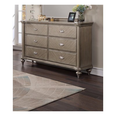 Commode 6 tiroirs argent antique avec miroir, fabrication en bois massif et en placage, mobilier de chambre contemporain