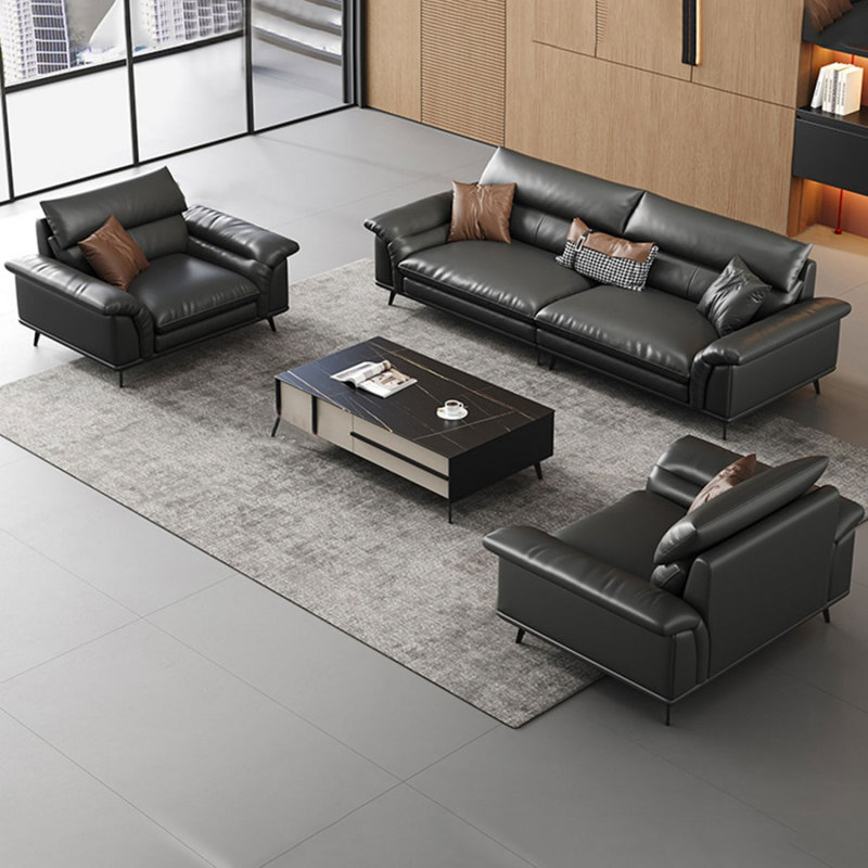 Ensemble de salon en cuir véritable gris foncé 3 pièces