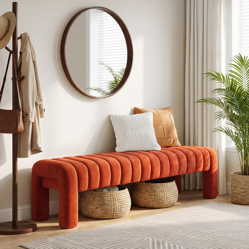 Banc rembourré sans dossier Oyan, H 17 po x l 63 po x P 17,3 po, Velours rouille