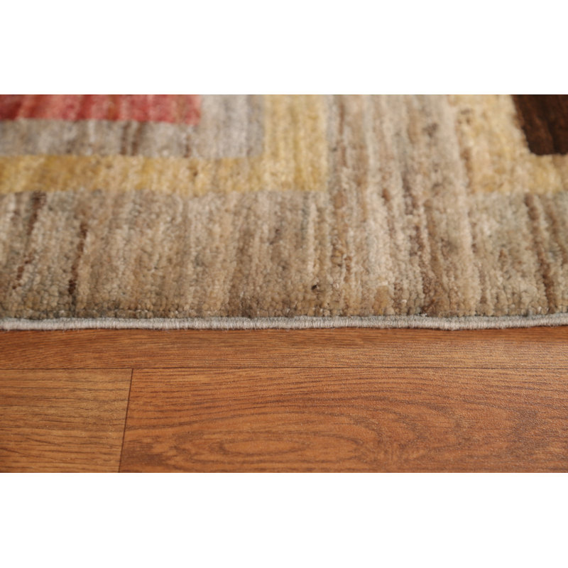 Tapis beige en laine noué à la main de conception unique 8 pi 0 po x 9 pi 10 po New Age