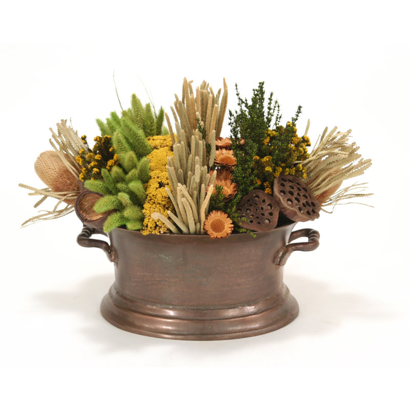 Pave Rows of Natural Gasses and Pods Mixed Floral Arrangement in Planter