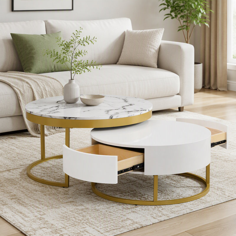 Table basse gigogne ronde moderne avec tiroirs, blanche