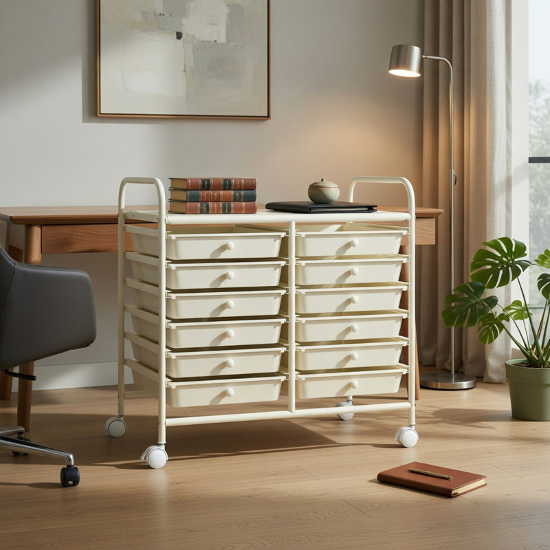  Chariot de rangement roulant 12 tiroirs, structure en acier avec tiroirs en plastique pour la maison, le bureau et le garage, beige