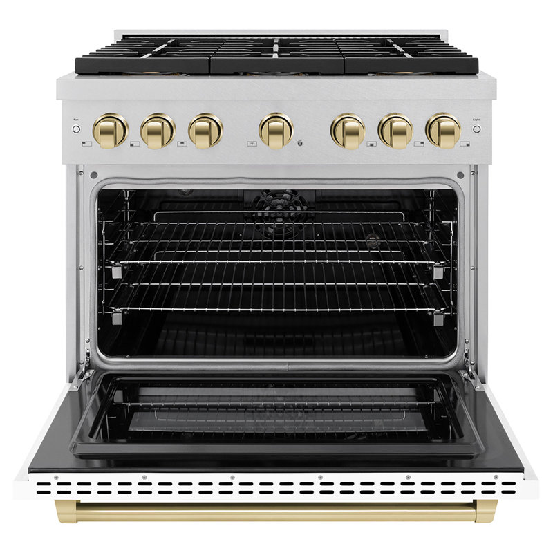 ZLINE Autograph Edition 36 in. 5.2 cu. ft. Paramount Dual Fuel Range W/ 6 Burner DuoPro Cooktop and Electric Convection Oven in Satin Stainless Steel W/ White Matte Door and Champagne Bronze Accents