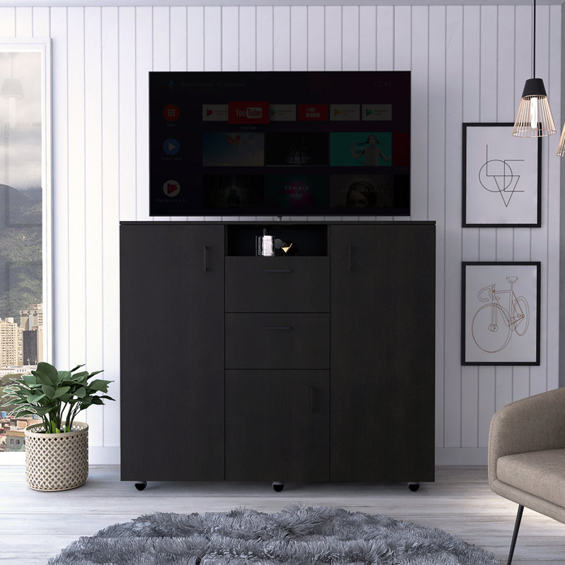 Milano Double Door Cabinet Dresser, Two Drawers, Four Interior Shelves, Rod, Black -Bedroom