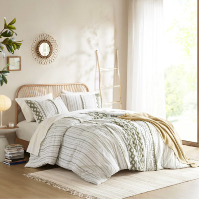3 Pcs Full/queen Chenille Cotton Printed Comforter , Sage/ Color, Global Inspired Print, And , Matching Shams With Back Overlap