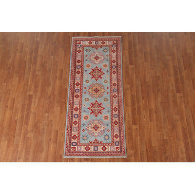 Light Blue Kazak Oriental Runner Rug 3x7