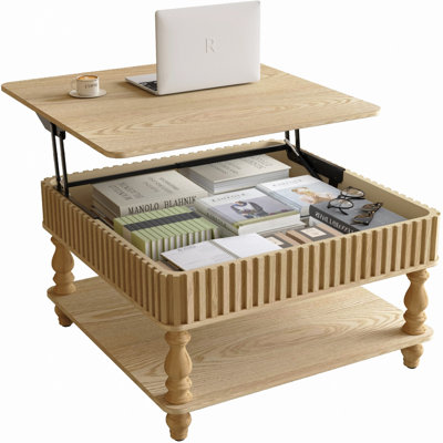 Square Fluted Lift-top Coffee Table With Hidden Storage, Open Storage, Hydraulic Raising Mechanism And Retro Wood Legs