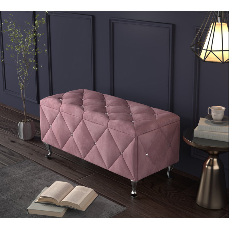 Banc de rangement rembourré Carnes, H 18,9 po x l 42 po x P 18,3 po, Rose