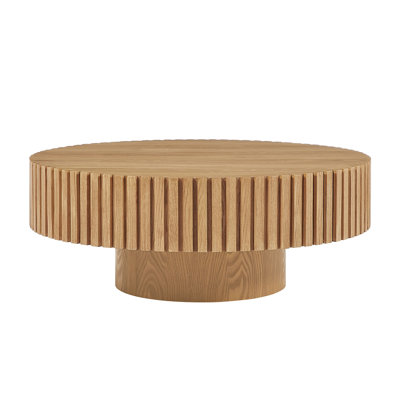 35.43'' Round Wood Coffee Table for Living Room, Modern Handcraft Drum Coffee Table, Circle Wooden Coffee Table for Small Space Apartment ASH(Same SKU