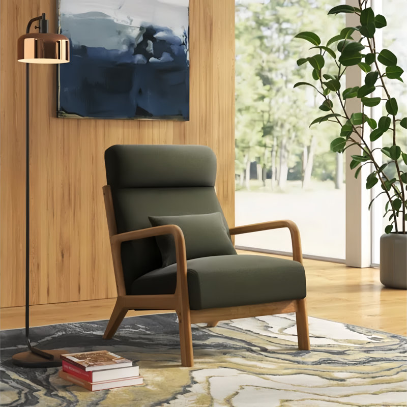 66cm Wide Mid-Century Solid Wood Frame Upholstered Armchair with Lumbar Support Pillow, Green  