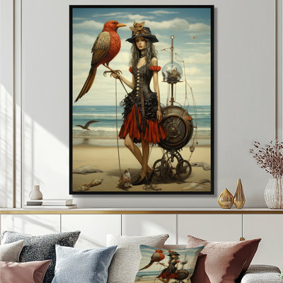 «Steampunk Lady with Bird At The Beach», art mural mode femme