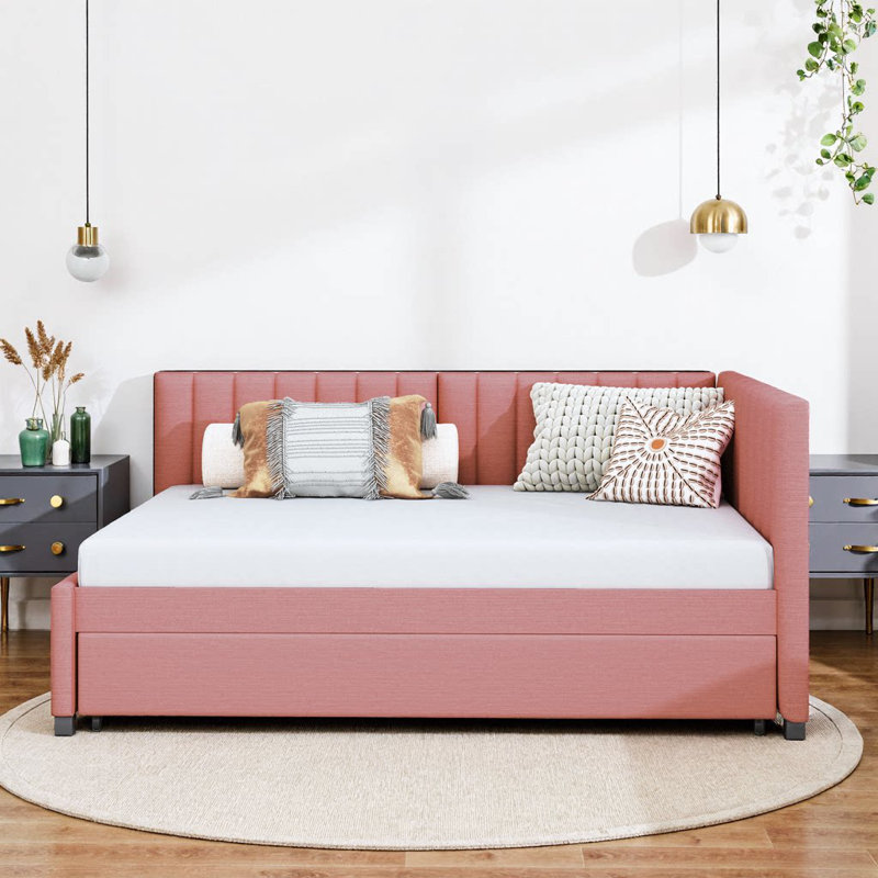 Lit de jour rembourré en lin rose avec couchette - Structure de canapé-lit double, aucun sommier nécessaire, Rose