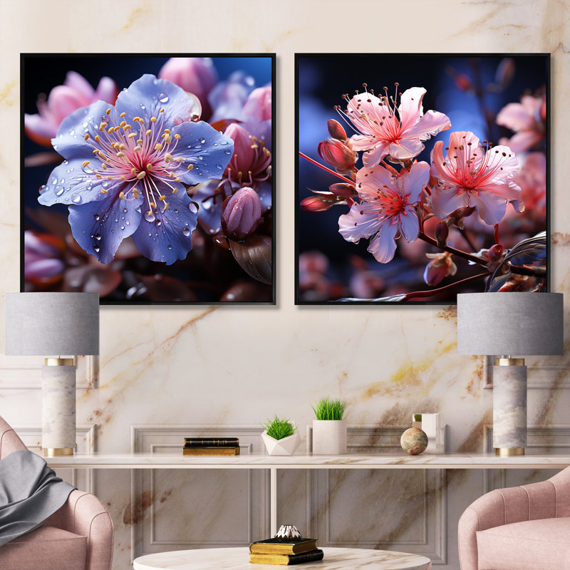Lavande Rhododendron Elegant Beauty - Ensemble de 2 collages rhododendrons carrés, Cadre flottant noir, H 16 po x l 33 po