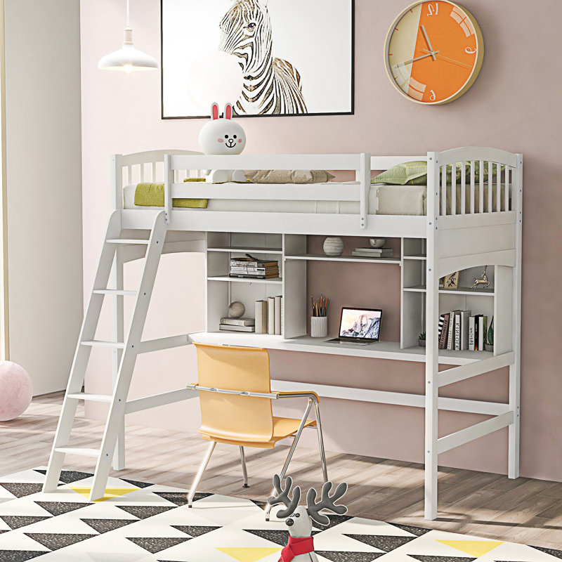 Lit mezzanine simple avec tablettes de rangement, bureau et échelle, Blanc