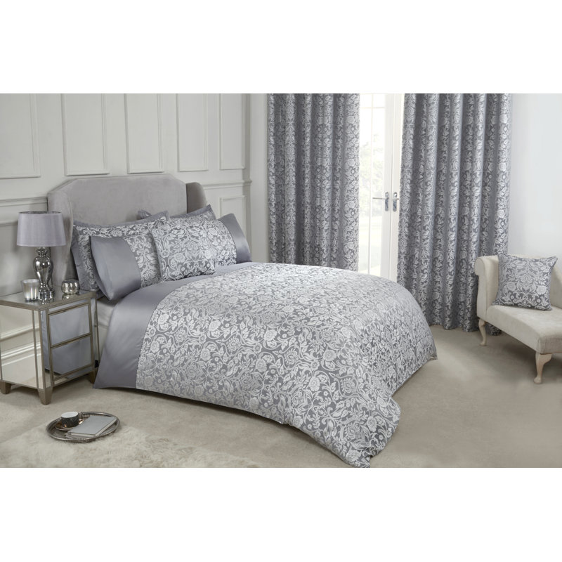 Eden Satin Floral Duvet Cover with Pillowcases Included, Silver, King