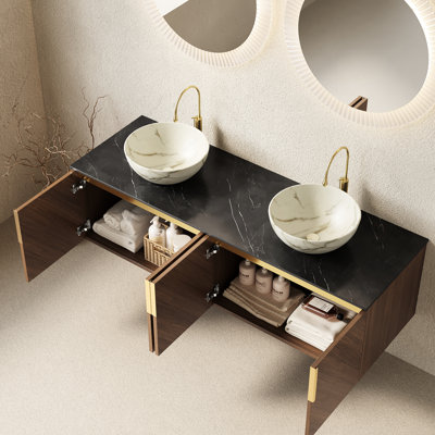 Meuble-lavabo de salle de bain 60 po, 2 cuves en céramique blanches avec motif en pierre, comptoir en fritté noir, armoire à grain en chêne brun, conception diagonale, cuve de rangement en contreplaqué flottant facile à installer, grain,