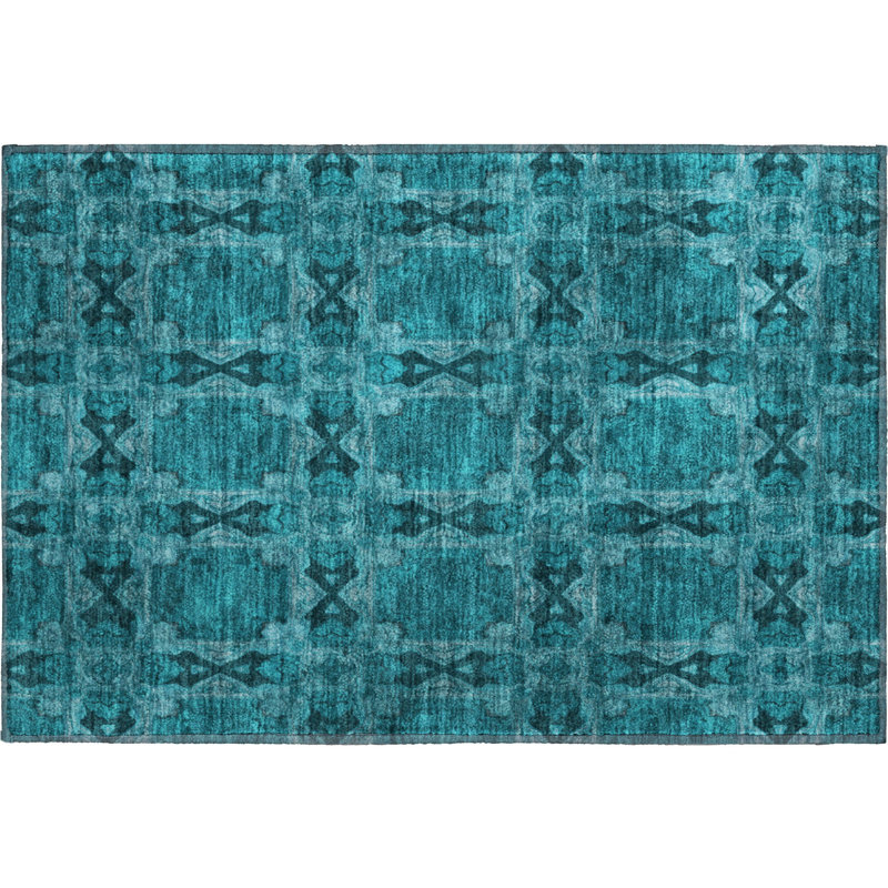Premium Machine Washable Cerrito AMF564 Teal Rug, Rectangle 1'8" x 2'6"