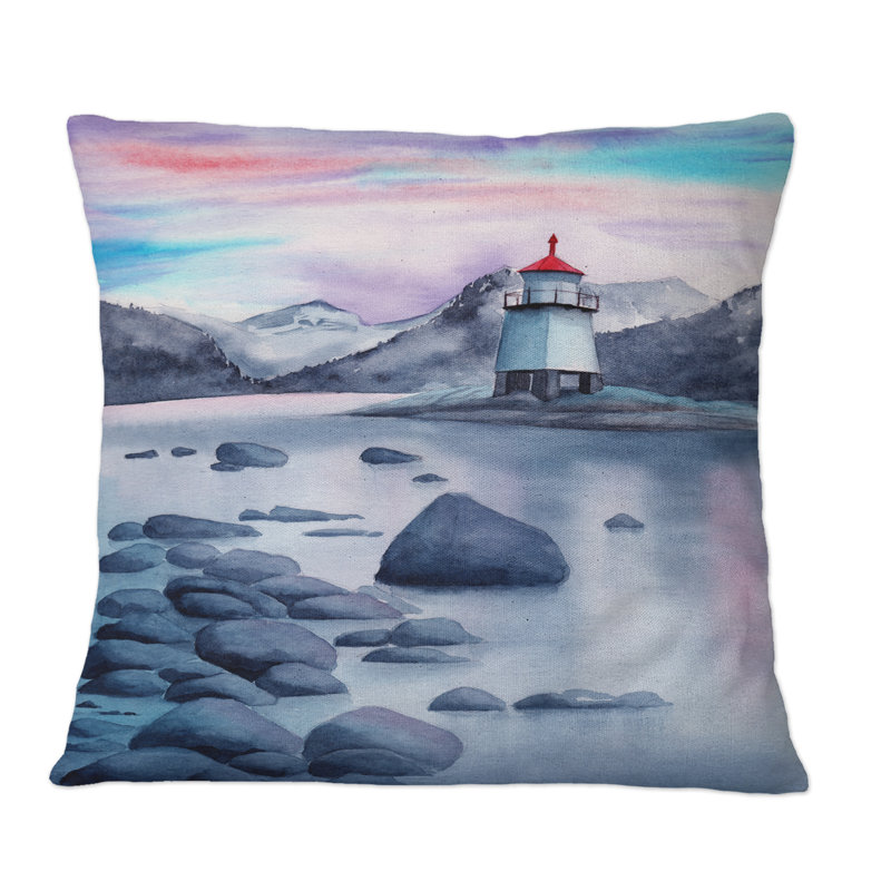 «An Evening Landscape With A Langle» - Coussin décoratif imprimé nautique et côtier, 16 po x 16 po