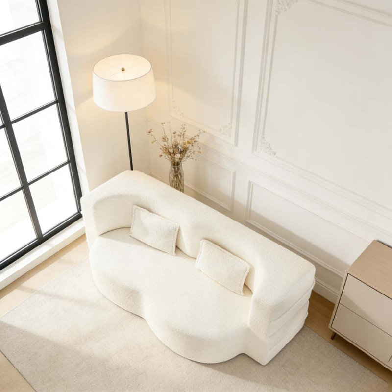 Canapé moderne avec 2 coussins, Teddy, Beige / Blanc