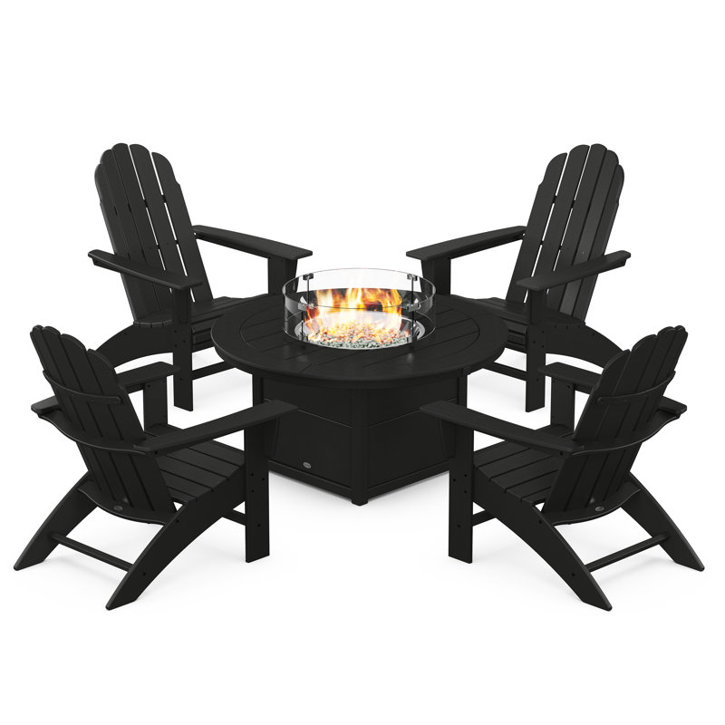 Vineyard Curveback Adirondack 5-Piece Conversation Set with Fire Pit Table, Black