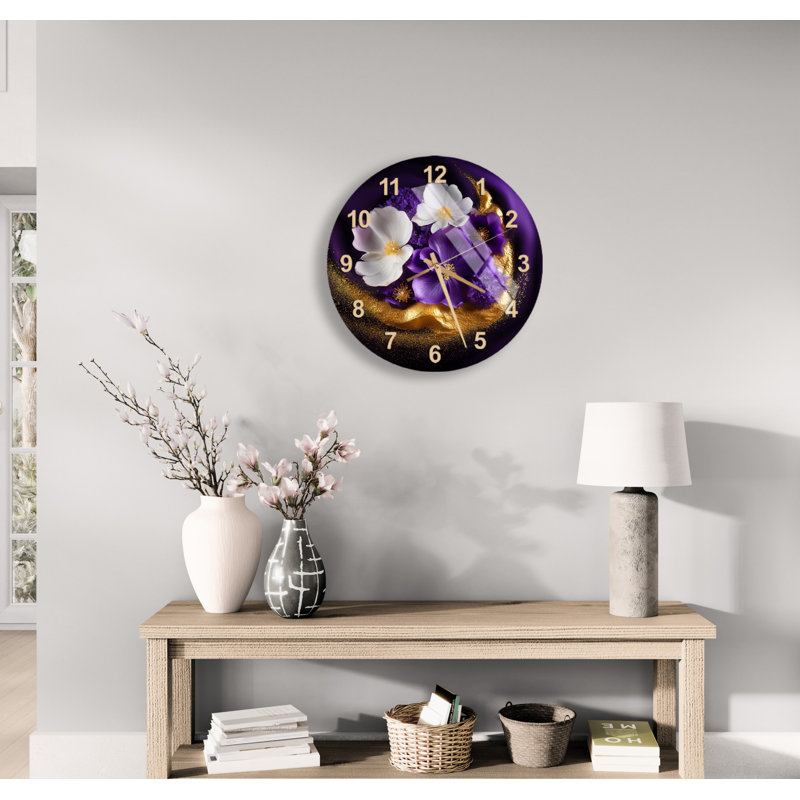 Horloge murale silencieuse moderne en verre trempé à motif floral mauve et blanc, chiffres anglais noirs, Doré