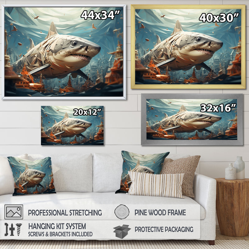 " Shark Coastal Guardian ", 16" H x 32" W x 1" D, Black Floater Framed