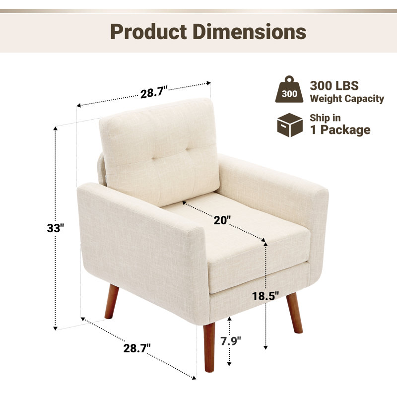 Jadier 28.7" Mid-Century Modern Linen Tufted Wide Accent Chair Armchair, Beige Linen