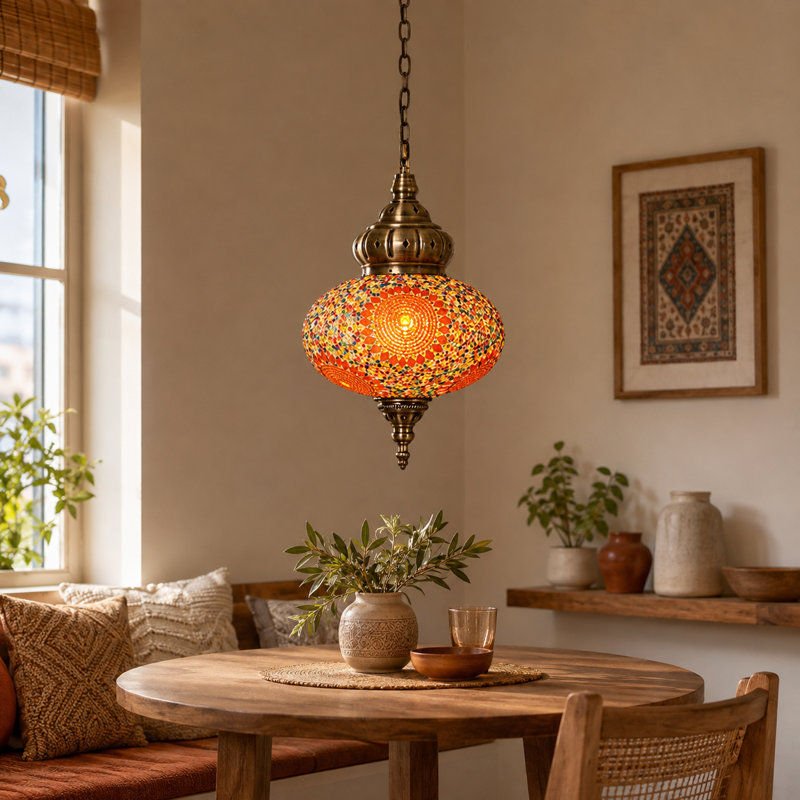 Suspension en mosaïque de verre turco-marocain, orange, à une lumière, avec chaîne en bronze antique et ampoule E26 blanc chaud incluse