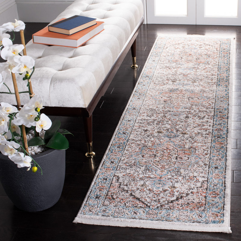 Tapis oriental gris / bleu Quinnipack, Tapis de couloir 2 pi 6 po x 6 pi