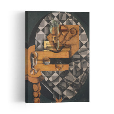 Guitare, bouteille et reproduction d'art abstrait contemporain