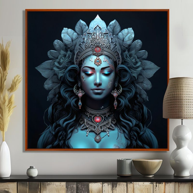 Bleu Shiva Compassion - Hindouisme, art mural, Toile avec cadre flottant brun, H 36 po x l 36 po x P 1,5 po