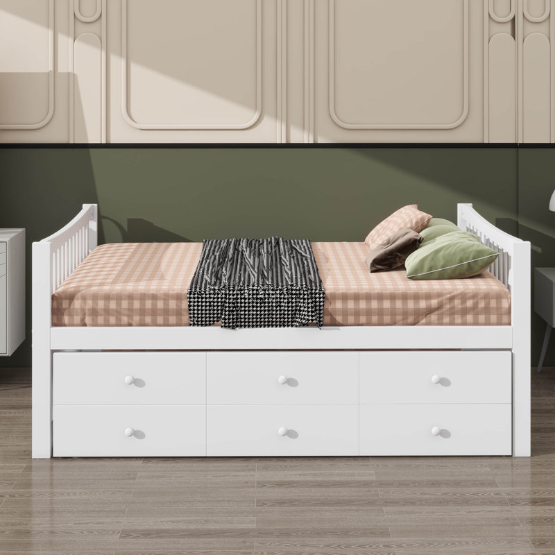 Full-Size Wooden Captain's Daybed With Twin Roll-Out Bed And Three Drawers For Storage, White