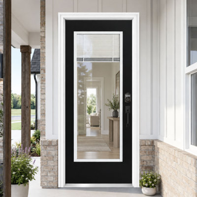 Porte d'entrée noire 32 po x 80 po avec stores, ouverture à gauche vers l'intérieur, modèle démontable, cadre en vinyle et moulure de brique de 4-9/16 po